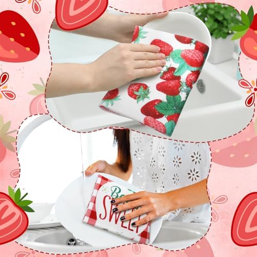Bencailor 4 Pcs Strawberry Kitchen Towels Berry Hand Dish Towels Gift - Image 2