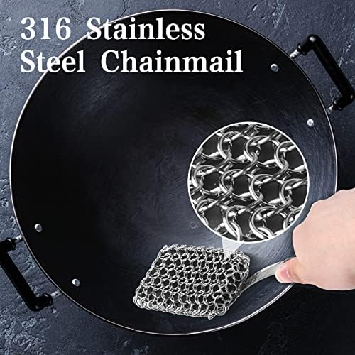 Cast Iron Scrubber Brush with Handle Cast Iron Cleaner Chainmail Scrubber + Pan - Image 5