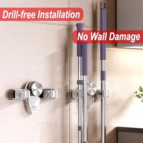 4 Pack Broom Holder Mop Hanger, No Drill Suction Cup Adjustable Organizer - Image 2