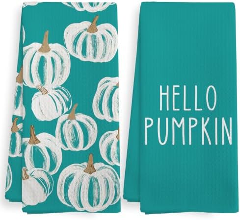 Fall Hello Pumpkin Teal Kitchen Towels and Dishcloths Sets of 2 by XNXLDYLH