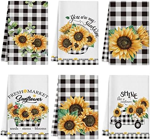 Redbaker 6 Pcs Sunflower Kitchen Towels Buffalo Plaid Dish Towels by Redbaker