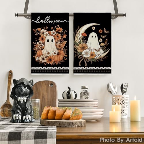 Artoid Mode Black Ghost Moon Halloween Kitchen Towels Set of 2 18x26 Inch - Image 2