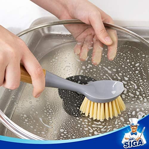 MR.SIGA Dish Brush with Bamboo Handle Built-in Scraper - Image 3