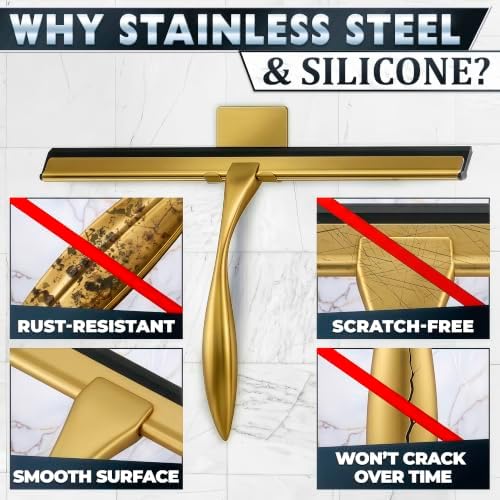 12 Inch Gold Squeegee for Shower Glass Doors, 2 Hooks Included - Image 3