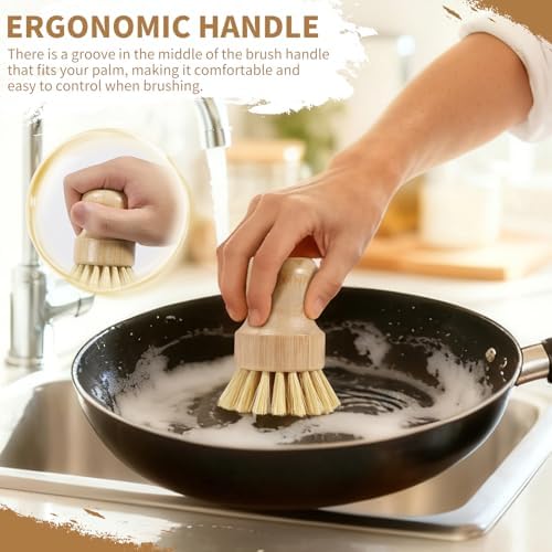 4 Pack Bamboo Dish Brush Set, Natural Palm Dish Scrubber - Image 5