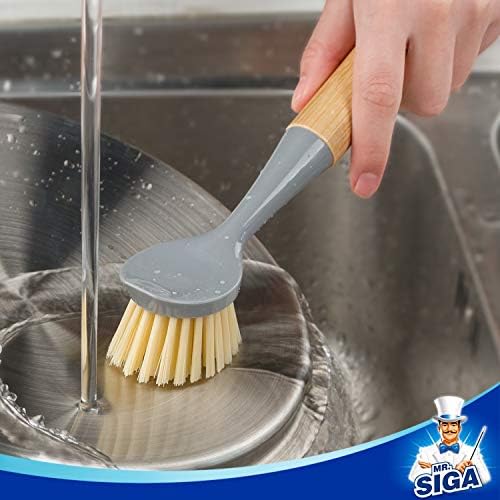 MR.SIGA Dish Brush with Bamboo Handle Built-in Scraper - Image 4