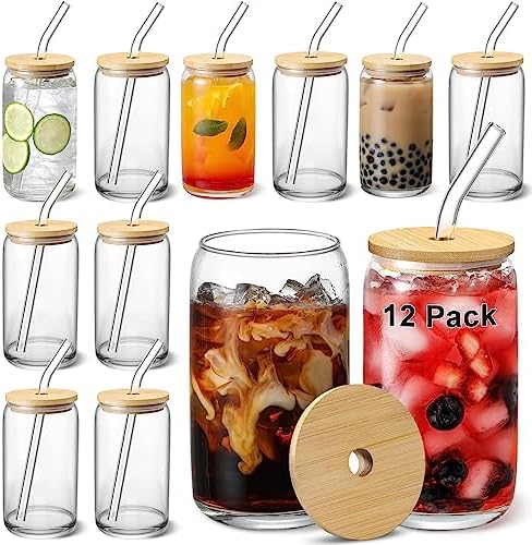 Glass Cups with Bamboo Lids and Glass Straw by VITEVER