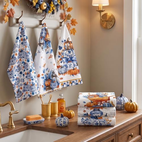 6 Pack Blue White Chinoiserie Fall Kitchen Towels Pumpkin Hand Towels - Image 4
