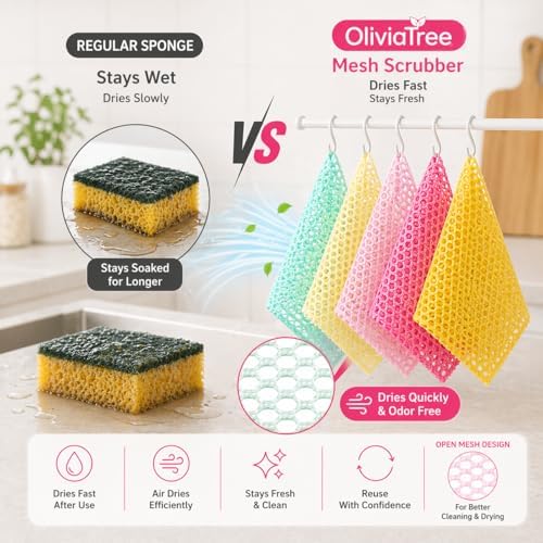 OliviaTree 10 Pack Dish Washing Net Cloths, Quick Dry Mesh Net Scourer Pads - Image 4