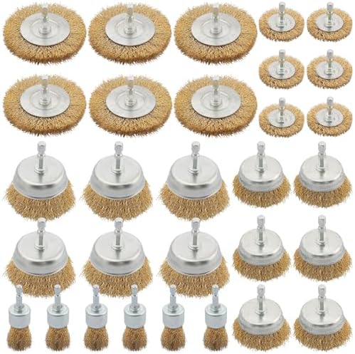 30 Pcs Wire Brush for Drill Set, Brass Wire Wheel for Drill, 1/4 Inch Hex Shank by WENORA