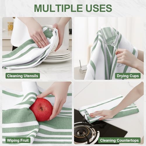 Homaxy Premium Cotton Stripe Kitchen Towels 3 Pack, Grass Green - Image 4