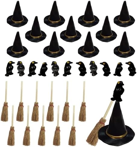 36 Pcs Mini Witch Hats Small Straw Brooms and Miniature Resin Crows Tiny Witch by Tahonuss