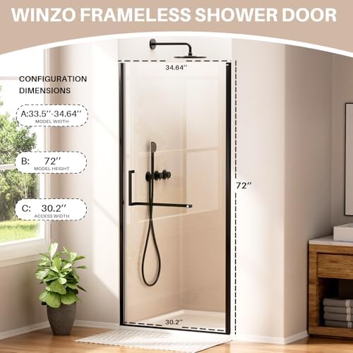 WinZo 33-34" W ×72" H Frameless Pivot Shower Door, Pivot Swing Shower Glass - Image 6