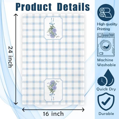 Coquette Blue Hydrangea Gingham Kitchen Towels 16x24 Inch, Preppy Bathroom Decor - Image 2