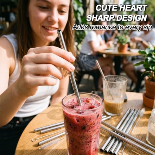 8 Pcs Reusable Metal Straws 8.5” Cute Heart Stainless Steel Straws - Image 3