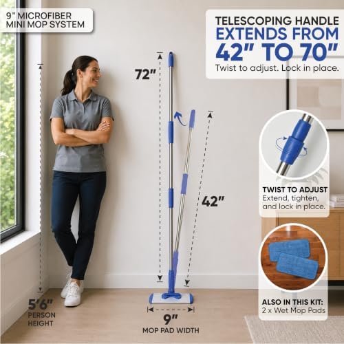 9" Mini Microfiber Mop System for Tight Spaces & Walls | Flat Floor Mop | - Image 2