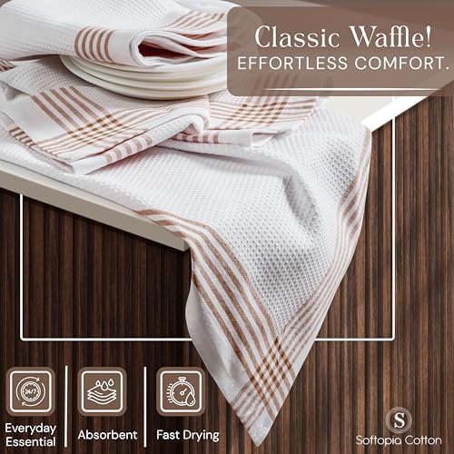 Waffle White & Brown 12 Pack Kitchen Towels Set, 100% Cotton, 16x26 inches - Image 2