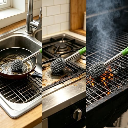 2PCS Steel Scrubber with Handle Stainless Cast Iron Cleaner Brush - Image 2