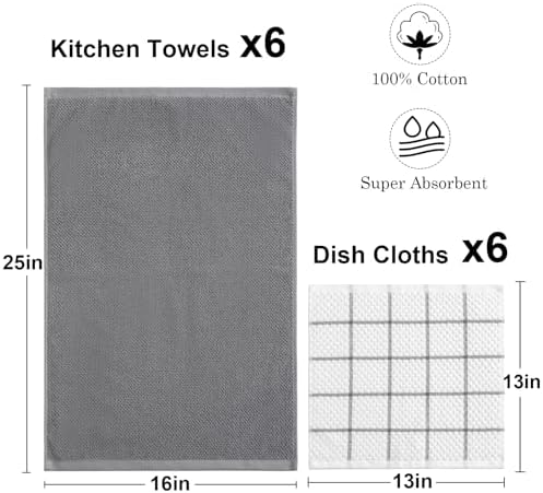 12 Pack Kitchen Towels and Dishcloths Set, 100% Cotton Soft and Absorbent - Image 2