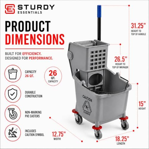 Commercial Mop Bucket with Wringer on Wheels | Gray 26 Quart - Image 2