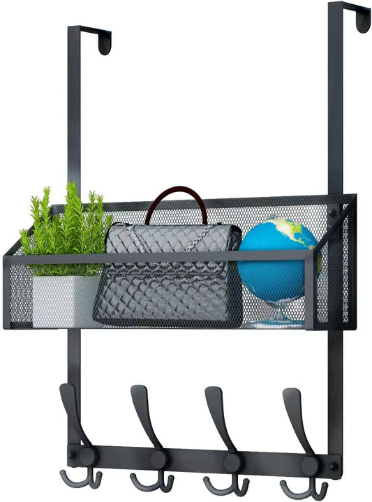 Over The Door Hooks Organizer, Coat Rack Over The Door Storage Hanger Towel Rack, Back of Door Storage Organizer for Bathroom,Bedroom,Kitchen,Office (Black 2-Tier)