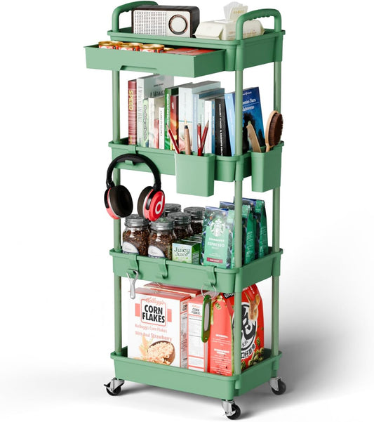 4 Tier Rolling Cart Organizer,Art Craft Diaper Bedside Snack Laundry Room Bathroom Organizer Narrow Thin Slim Rolling Trolley Utility Cart with Wheels for Kitchen,Office(Green)