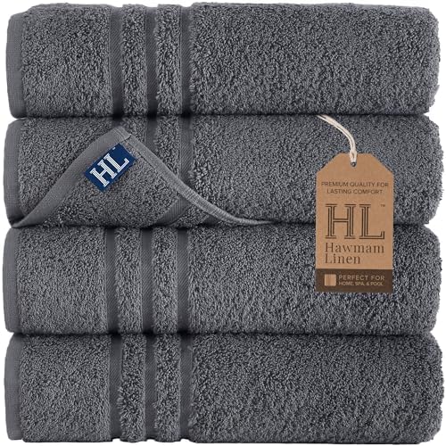 Hawmam Bath Linen Towels Large, Turkish Cotton, 4 Pack, Cool Grey by HawmamLinen