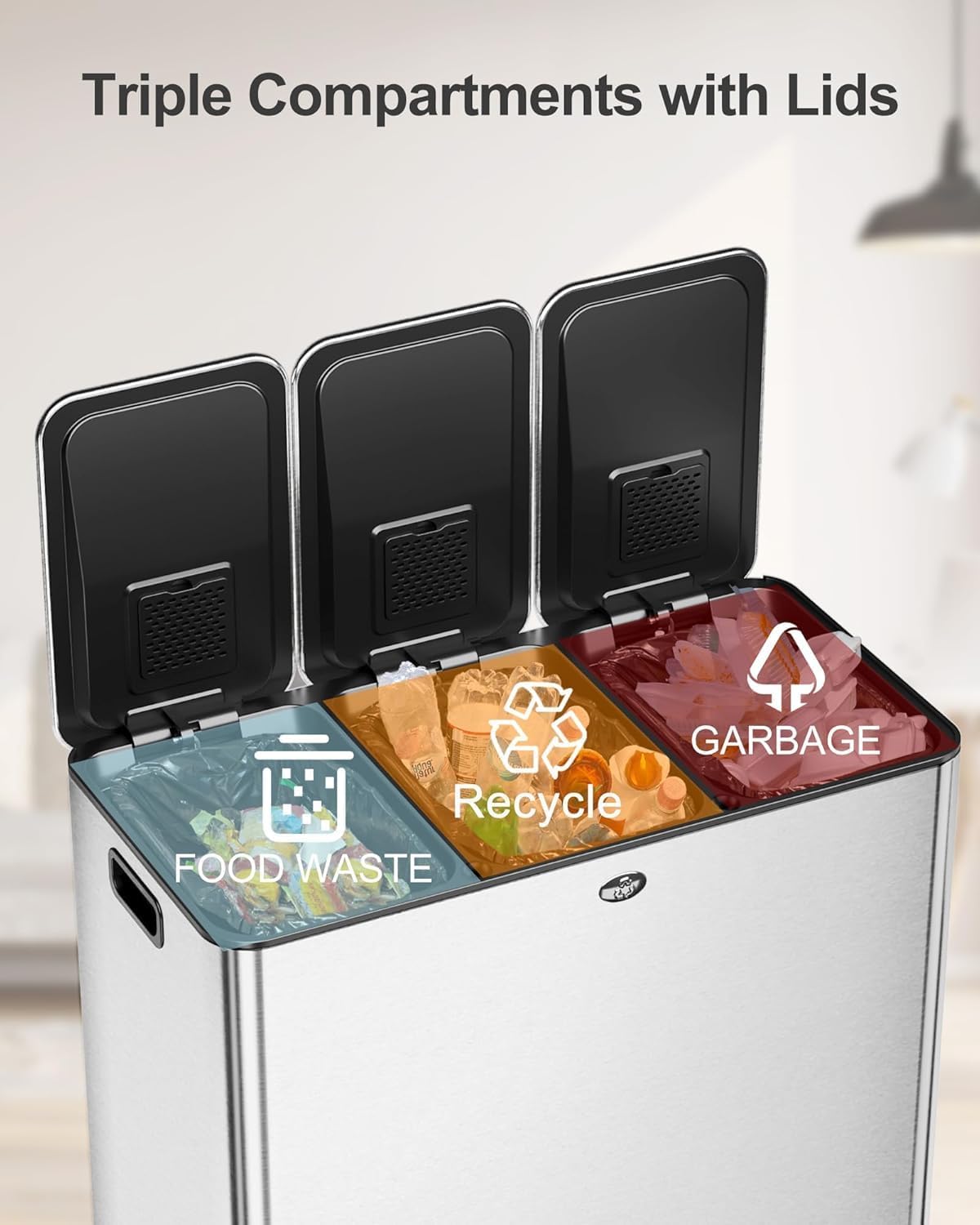 GarveeHome Trash Can 90L/23.8Gal, Three Compartments Pedal Kitchen Recyclingtrash Bin with Lids,Stainless Steel Garbage Can for Home Office Restaurant School Hospital