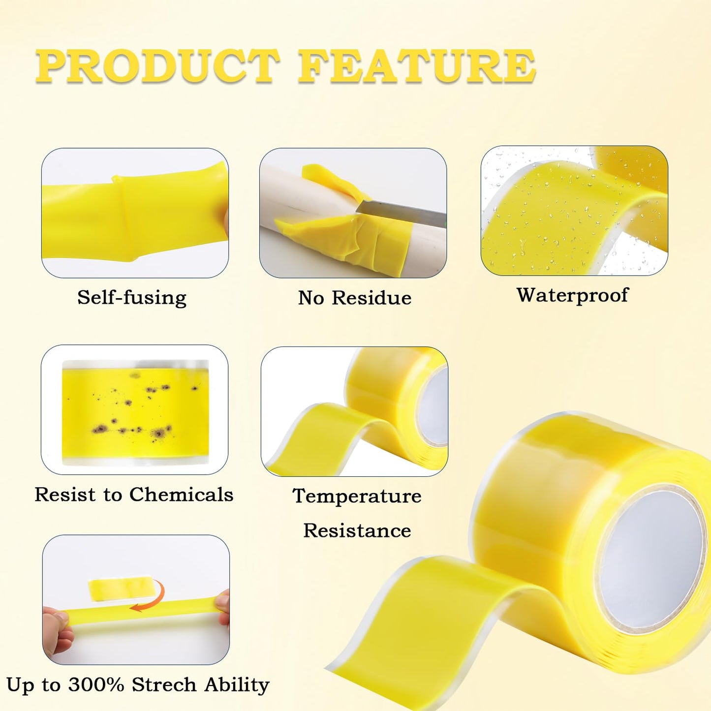 Self Fusing Silicone Tape 1 in x 5' Yellow Waterproof Rubber Leak Proof Sealing Rubber Self-amalgamating Tape for Emergency Hot and Cold Water Pipe Repairs and Tool Fixation