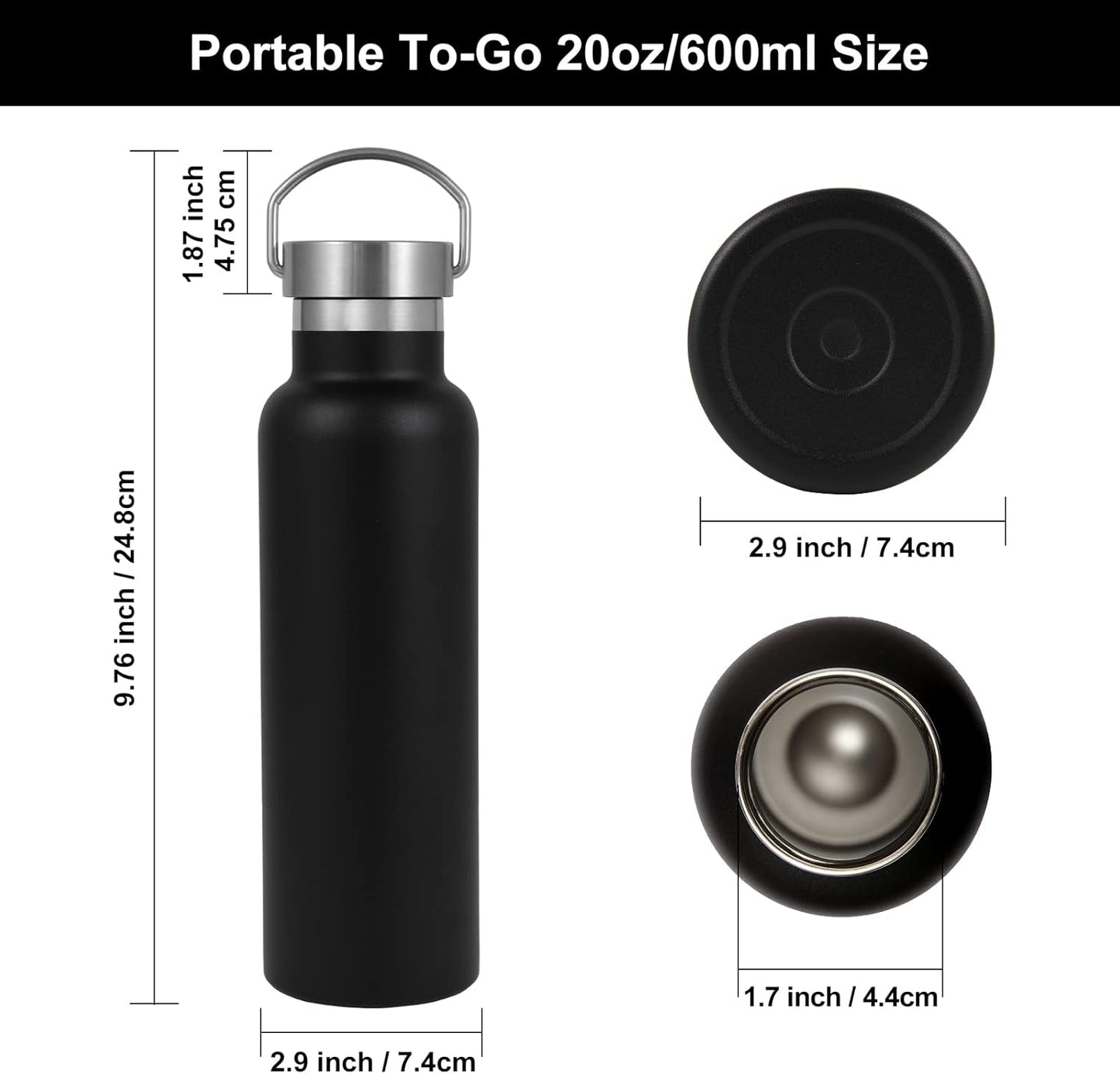 Neihepal 20 oz Insulated Water Bottles Bulk 8 Pack,Stainless Steel Double Wall Sport Bottle with Lid of Handle,Metal Reusable Flask with Cup Cap for School,Hikers,Gift (Black,Set of 8)