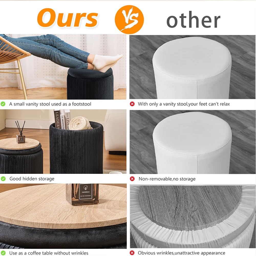 Round Set of 2 Ottoman with Storage-Upholstered Velvet Vanity Stool for Makeup Multifunctional Ottomans Coffee Table Padded Seat Foot Rest for Living Room&Bedroom (Black)