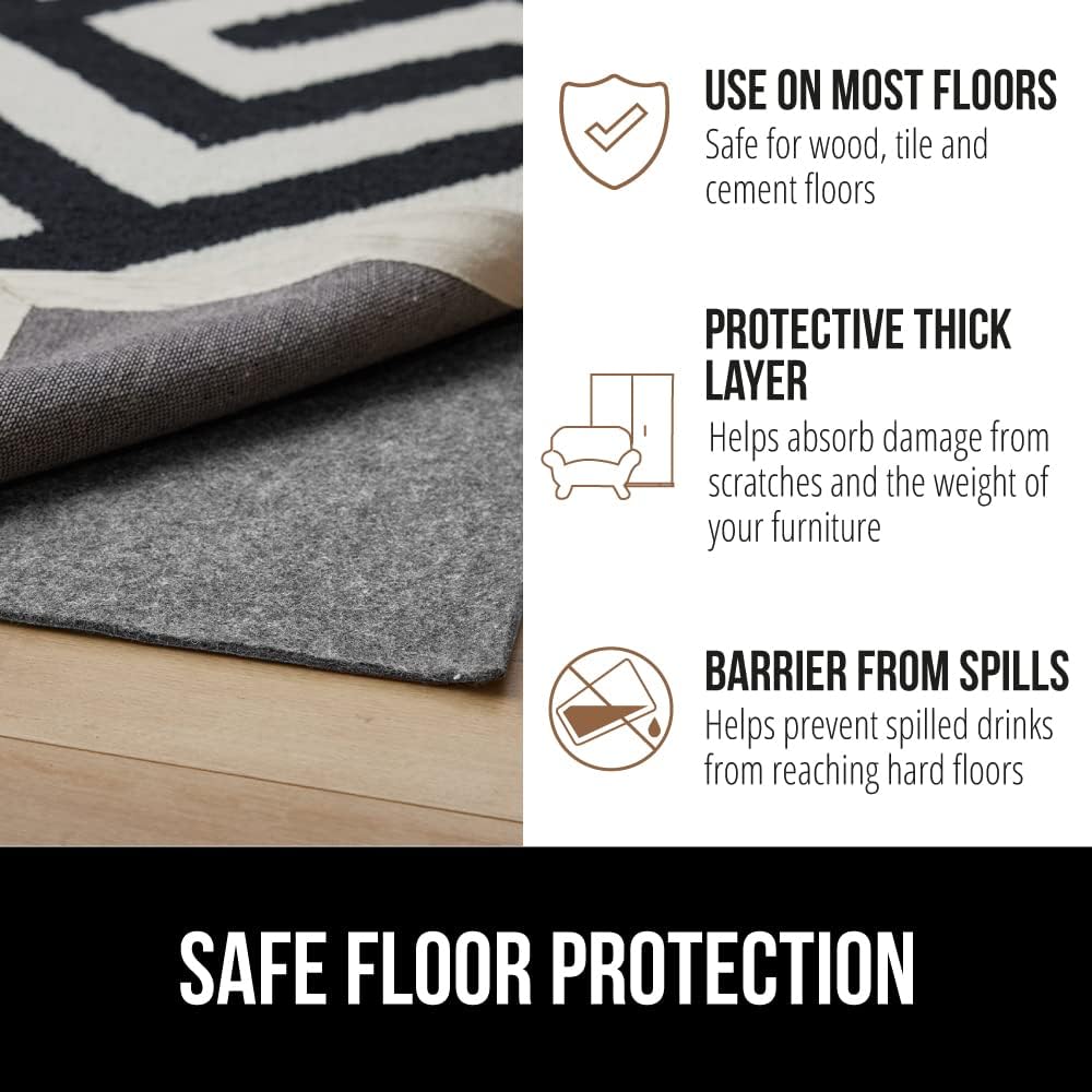 GORILLA GRIP Felt and Natural Rubber Stay in Place Slip Resistant Rug Pad, 1/4in Thick, 9x12 FT Protective Padding Under Area Rugs, Cushioned Gripper Pads, Carpet Runners, Hardwood Floors Protection