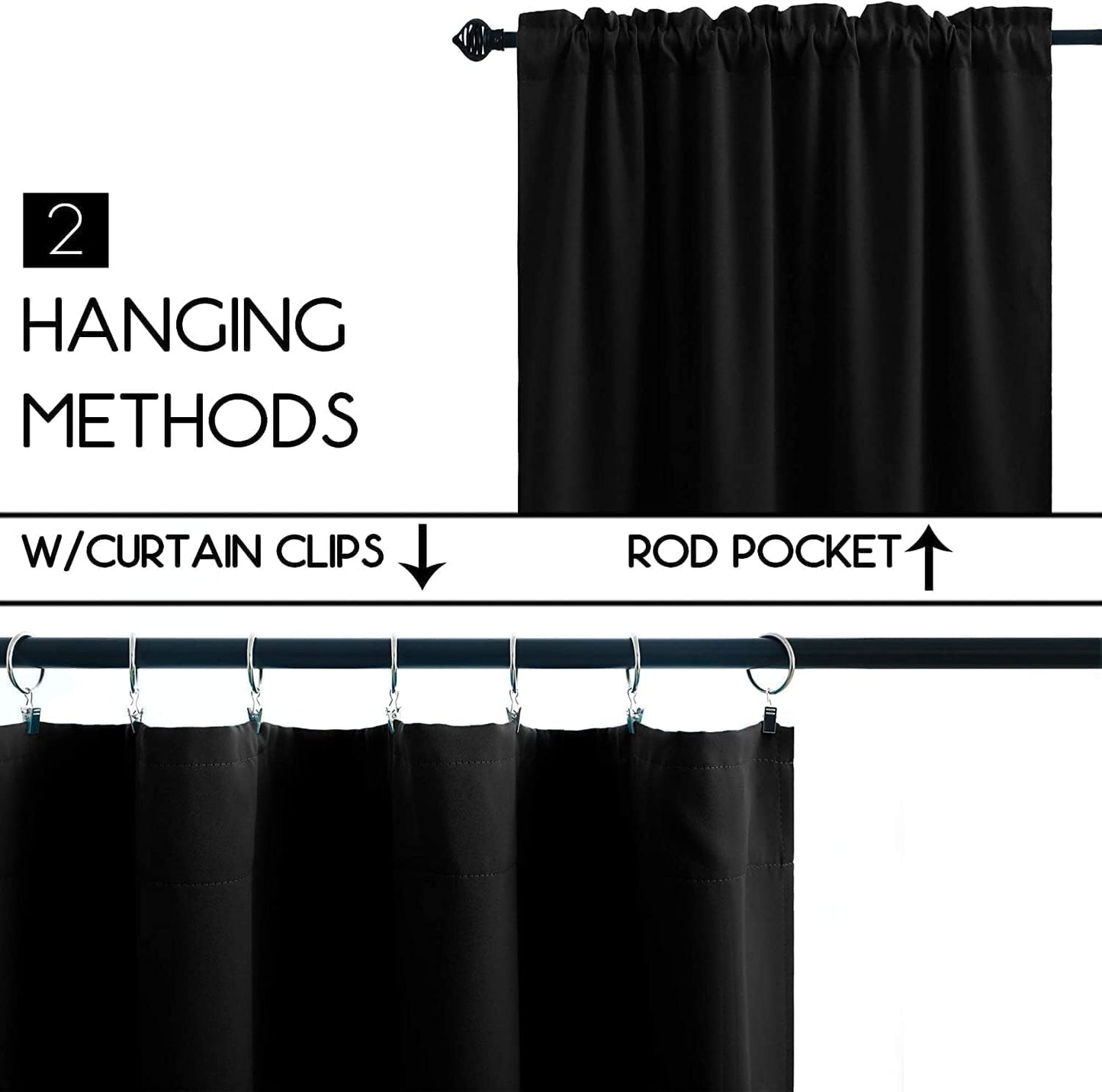 Pickluc Black Cafe Curtain (Half Window Curtain) 36 Inches Length, Rod Pocket Small Kitchen Curtain, Short Blackout Curtain for Small Window, 30" Wide and 36" Long, 2 Panels