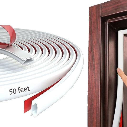 White Rubber Weather Stripping Door Seal Strip, D Shape Door Rubber Weather Seal Strip, SelfAdhesive Door Weatherstripping Soundproofing Door Sealing Strip for Windows (50 feet, White)