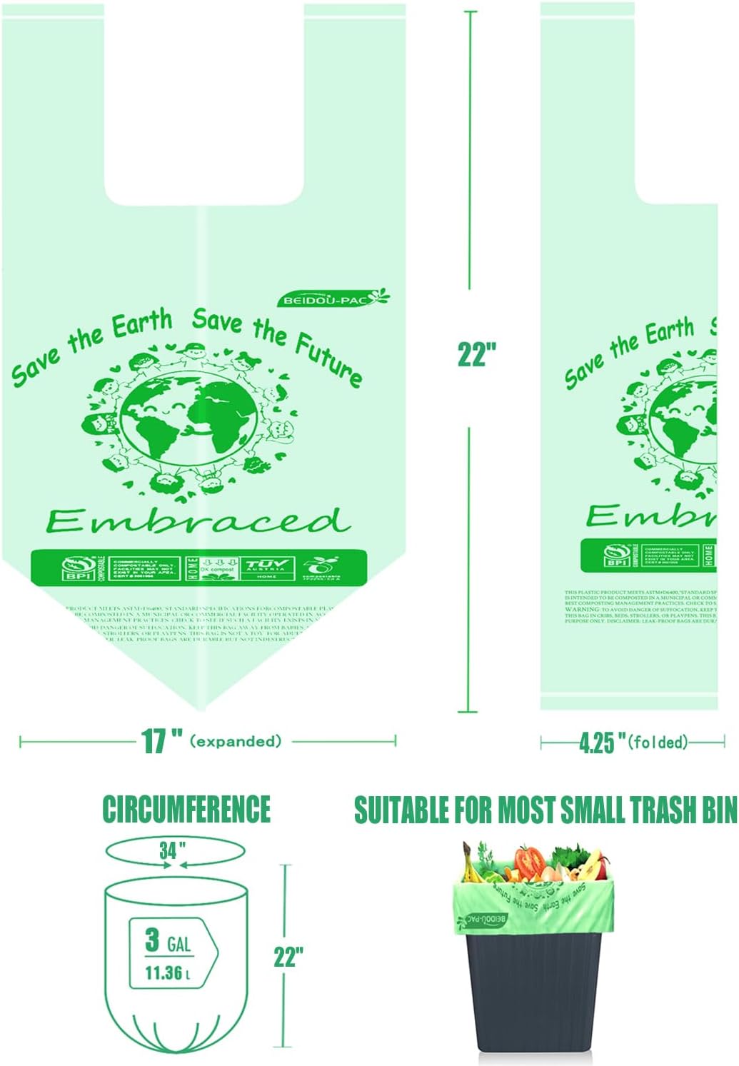 100% Compostable Trash Bags, 3 Gallon Compost Bags Small Kitchen Trash Bags with Handle, 200 Count Sturdy Biodegradable Garbage Bags Food Scrap Waste Bags, ASTM D6400, US BPI Certified