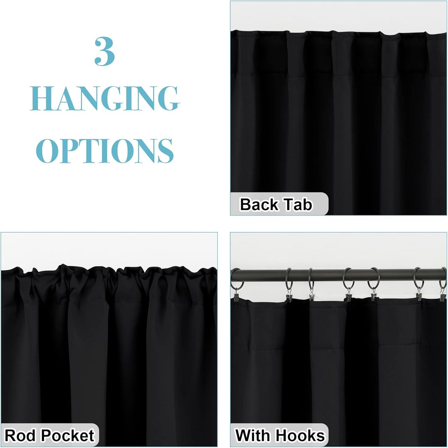 RYB HOME Small Window Curtains Blackout, Privacy Thermal Insulating Drapes for Bedroom Bathroom Basement Cafe Classroom Window Decor, W 34 x L 45 inches, Black, 2 Panels