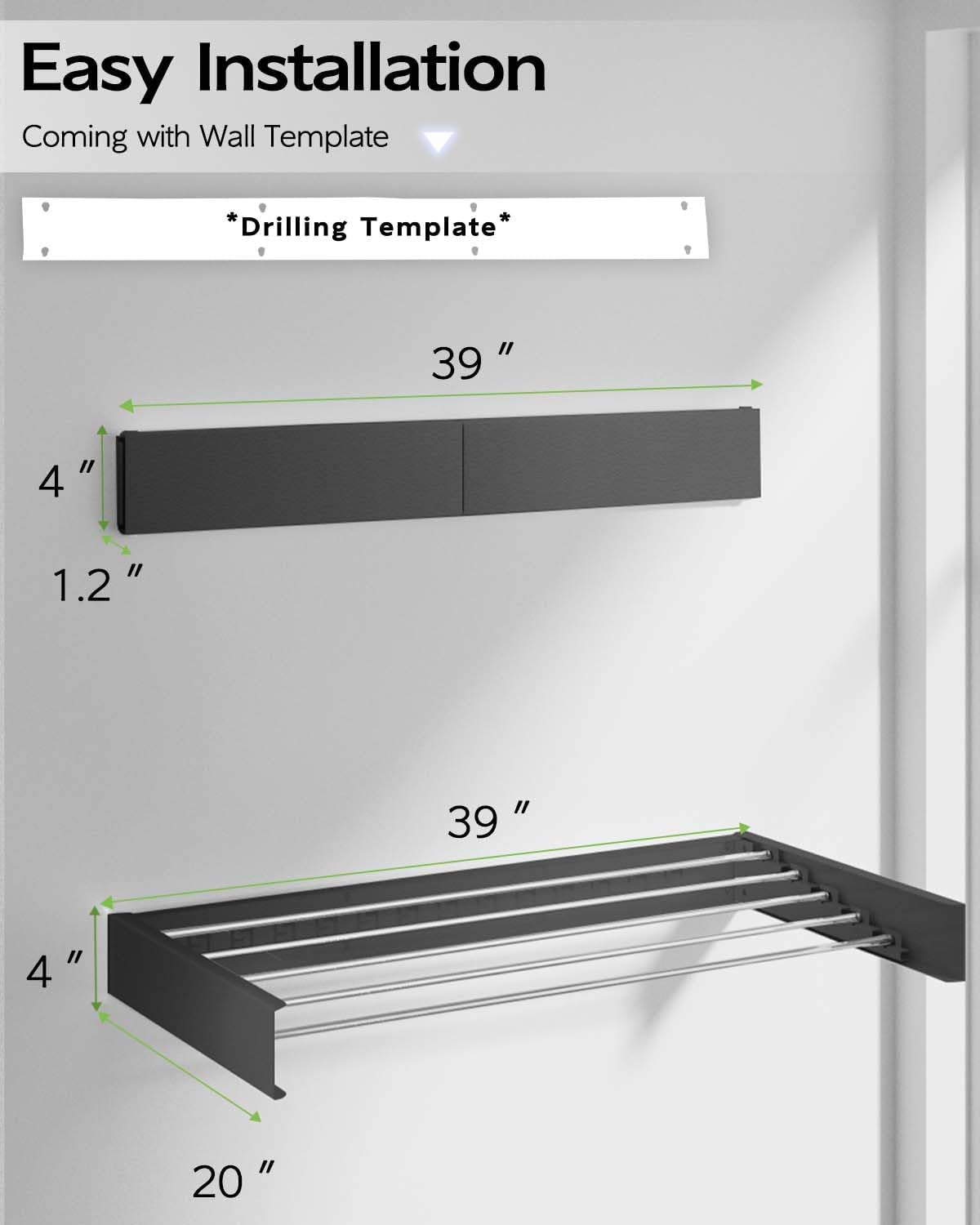Wall Mounted Clothes Drying Rack 40", Foldable Wall Mount Laundry Rack Folding Indoor, Drying Rack Clothing Collapsible, Hidden Space Saver with Wall Template, 6 Rods, Black