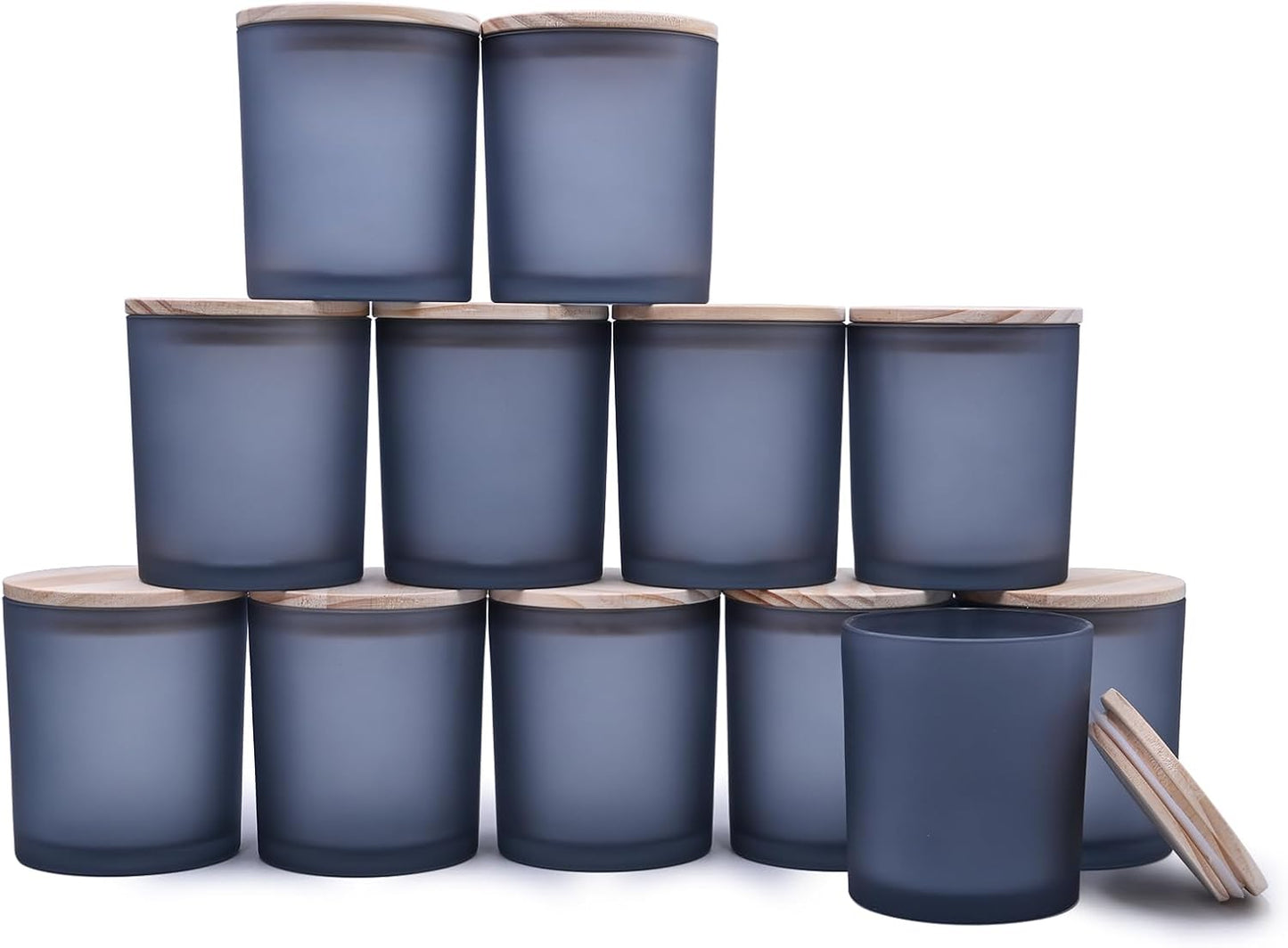 14 OZ Thick Candle Jars for Making Candles 12 Pcs, 3 Wick Empty Jars with Wood Lids for Candle Making, Sample Container, Frosted Grey