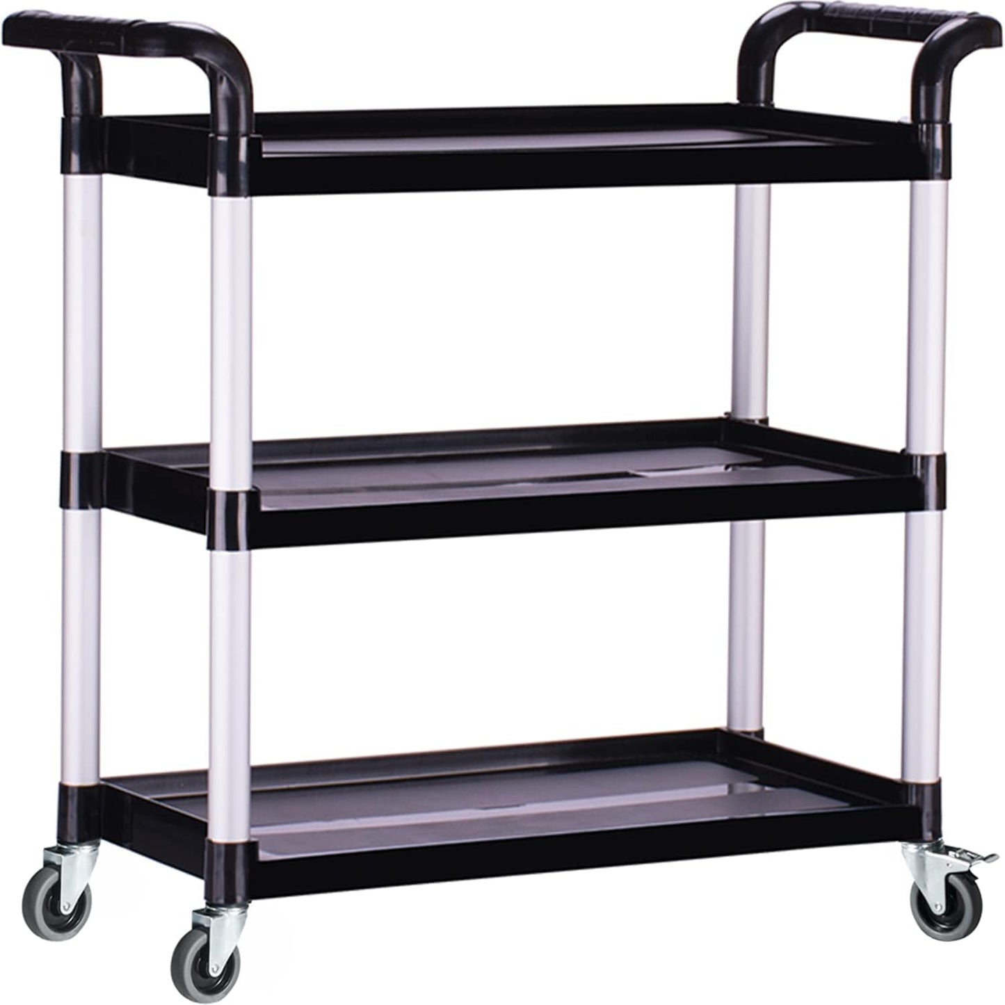 Plastic Utility Carts with Wheels, Heavy Duty 510lbs Capacity Rolling Service Cart, 3-Tier Restaurant Food Cart with Hammer for Office, Warehouse, Garage (Lockable Wheels, Black)