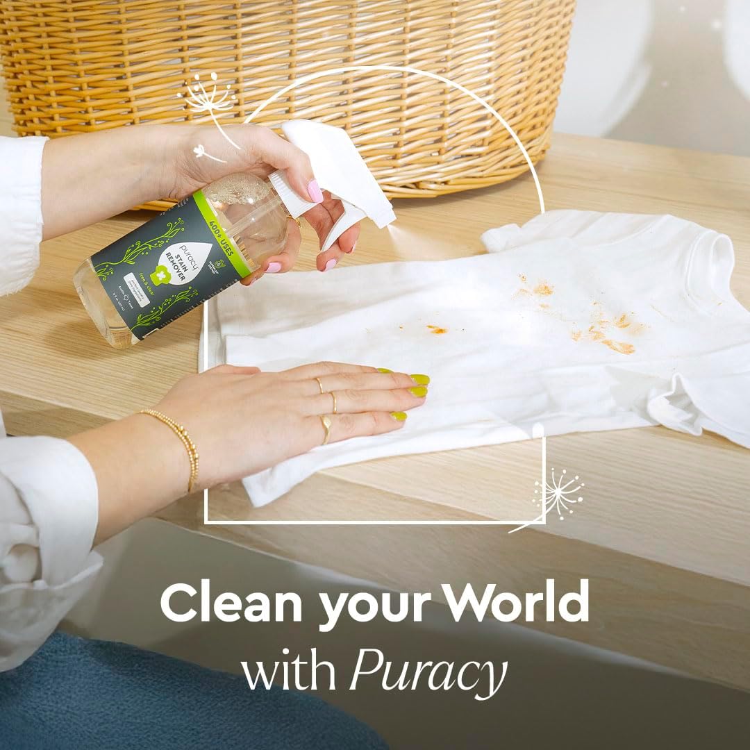Puracy Stain Remover, Natural Based Travel and Laundry Stain Cleaner for Clothes, Baby Essentials, Kids Stains, Oil and Fabric Spot Cleaner, Unscented (Stain Remover Spray and Refill, 64 fl oz)