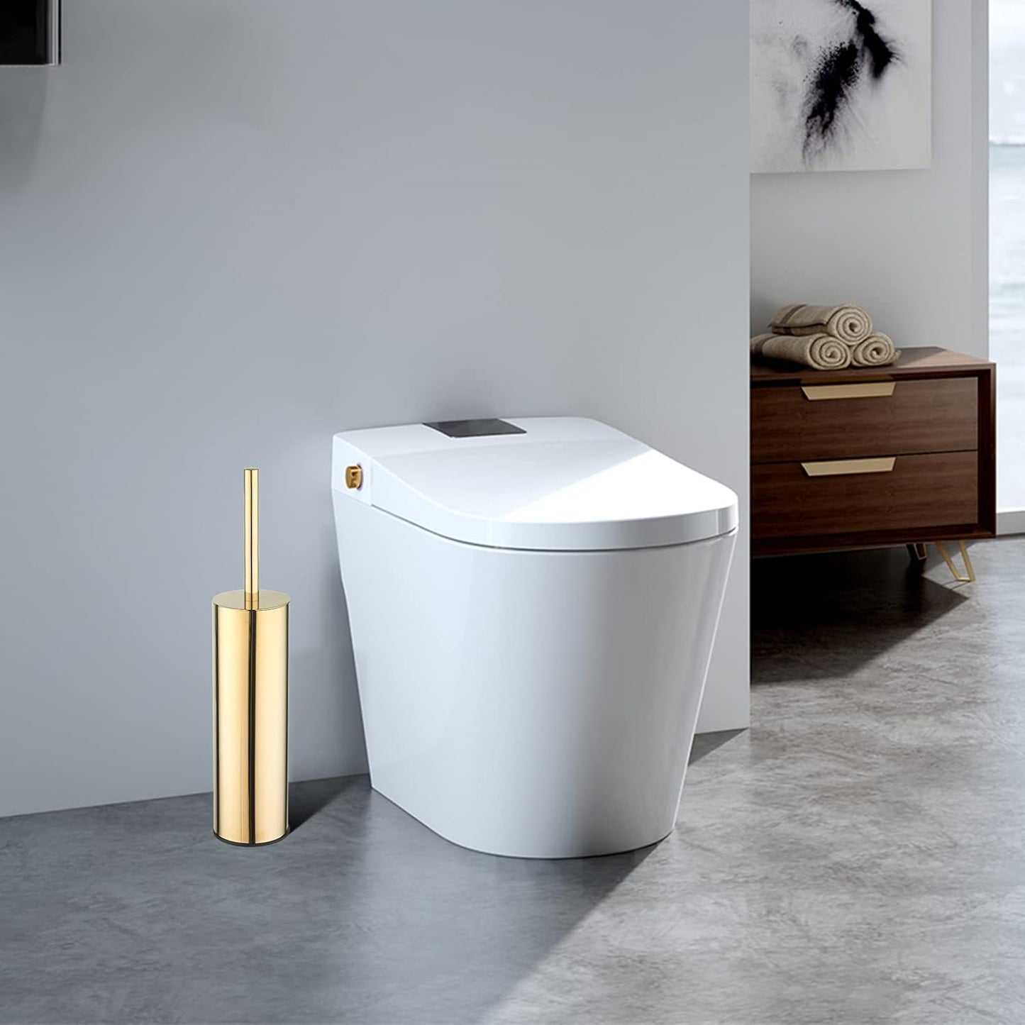 Toilet Brush and Holder Set Gold Stainless Steel, 304 Heavy Duty Round Toilet Brush Set – Rust Resistant, Long Handle, Replacement Heads, Floor Standing Bathroom Toilet Cleaning Brush