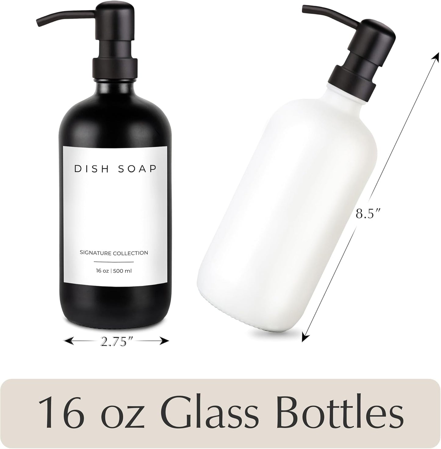 Emerson Essentials Soap Dispenser, Hands and Dishes Bottles, Kitchen Set, Glass Boyylrd with Pump and Labels,16 Ounces, 2-Pack