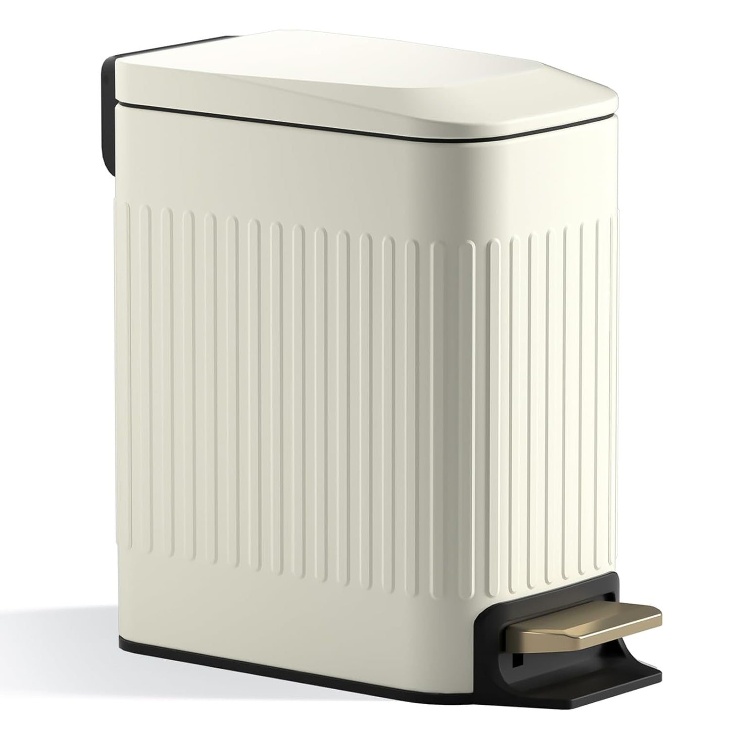 CEROELDA Small Bathroom Trash Can with Lid Soft Close-5L/1.3 Gal Slim Garbage Can-Metal Step Wastebasket-Rectangle Narrow Waste Bin for Office, Bedroom, Toilet, Live Room (Embossed-Beige)