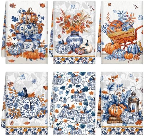 6 Pack Blue White Chinoiserie Fall Kitchen Towels Pumpkin Hand Towels by Breling