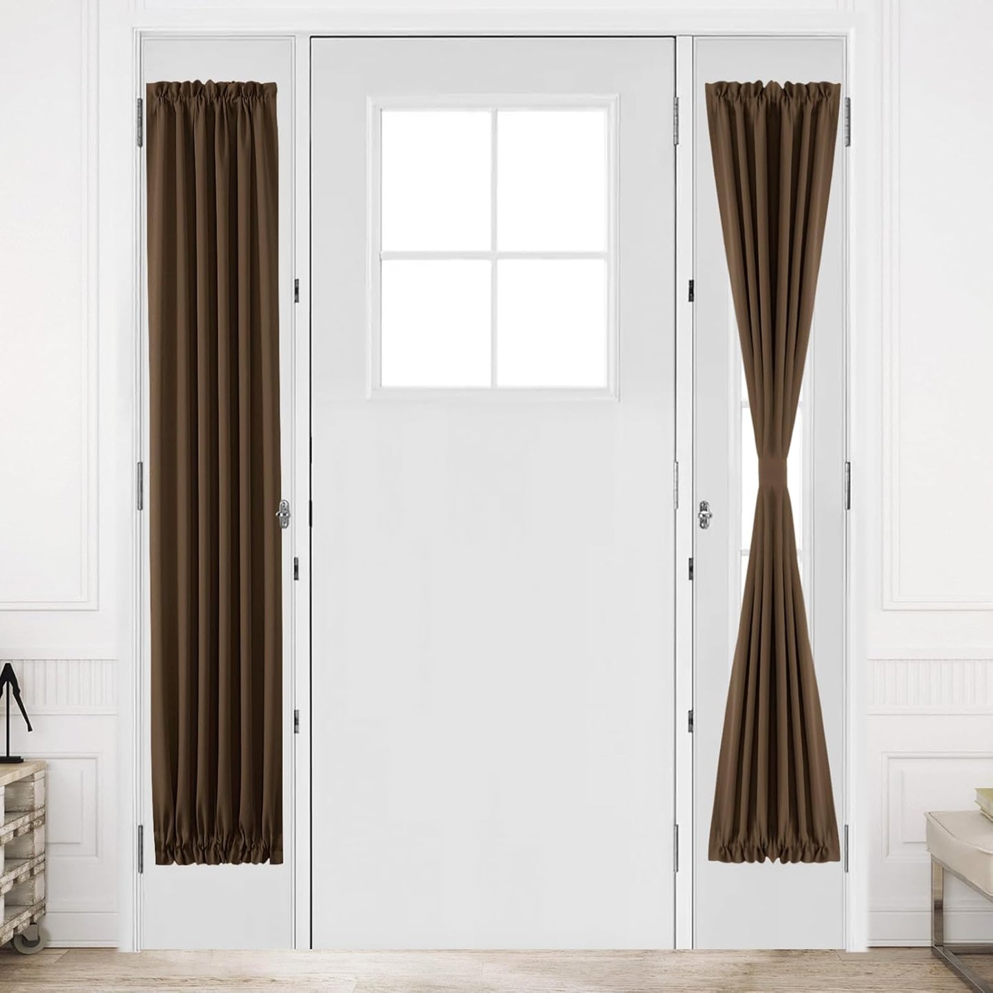 DWCN French Door Curtains – Rod Pocket Thermal Blackout Curtain for Doors with Glass Window, Kitchen and Patio Doors for Privacy, 12 X 72 Inches Long, 1 Curtain Panel with Tieback, Brown