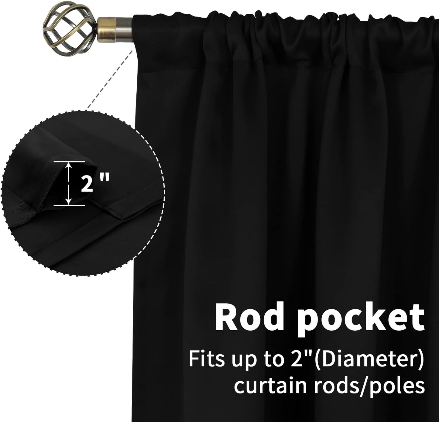 BGment Black Curtains 36 Inches Long for Kithchen Windows Over Sink - Small Drapes Half Window with Rod Pocket Blackout Blinds for Bathroom RV Cafe, 2 Panels, 34 x 36 Inch