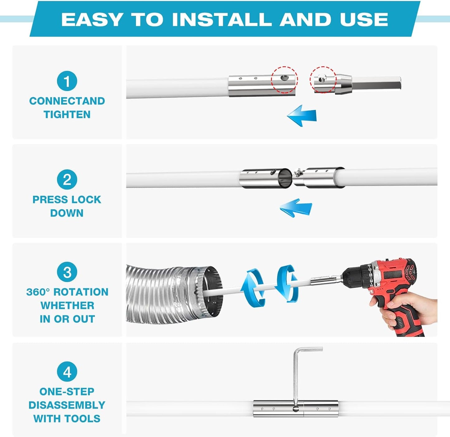 Sealegend 15 Feet Dryer Vent Cleaner Kit/Lint Remover/Upgraded Flexible Quick-Snap Brush with Drill Attachment/Fireplace Chimney Brushes for Easy to Clean/Cleaning Tool Use with or Without Power Drill