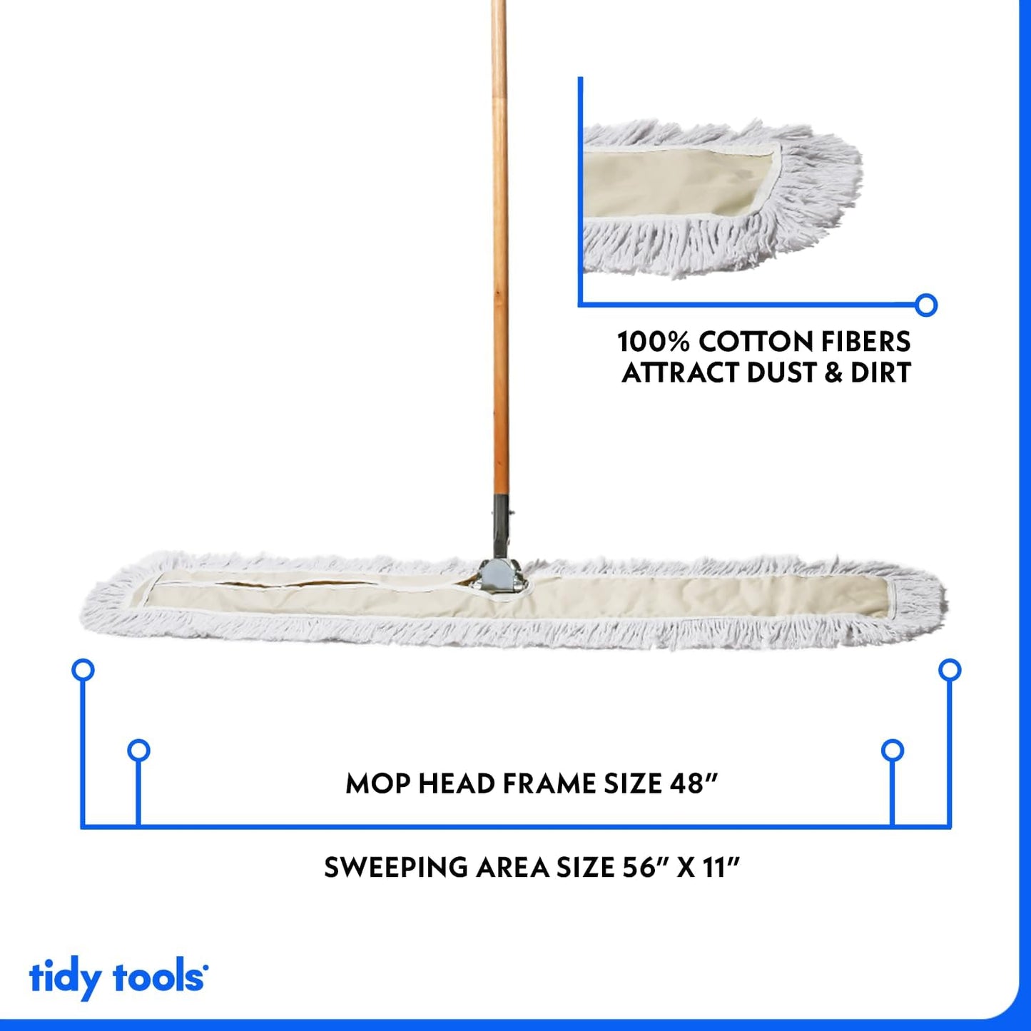 Commercial Dust Mop & Floor Sweeper, 48 in. Dust Mop for Hardwood Floors, Cotton Mop Head, Wooden Broom Handle, Industrial Dry Mop for Floor Cleaning & Janitorial Supplies