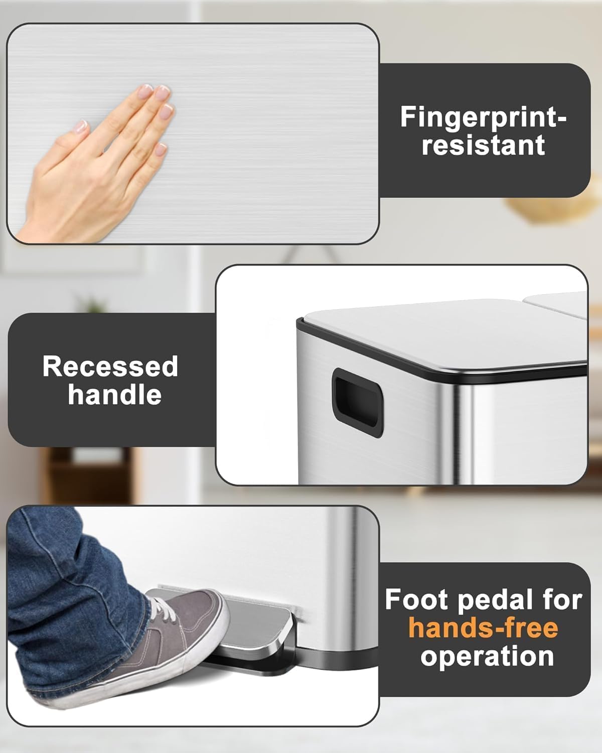60L/15.9 Gal Gallon Three-Compartment Pedal Stainless Steel Kitchen Recycling Trash Can with Odor Seal, Hands-Free Foot Operated Waste Bin for Home, Office, Restaurant, School, Hospital