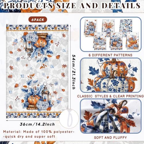 6 Pack Blue White Chinoiserie Fall Kitchen Towels Pumpkin Hand Towels - Image 2